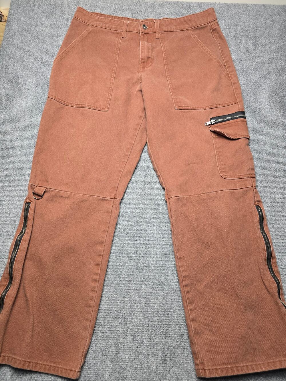 Men's Brown Cargo Pants W34 Utility Workwear Multi Pocket Zipper Detail